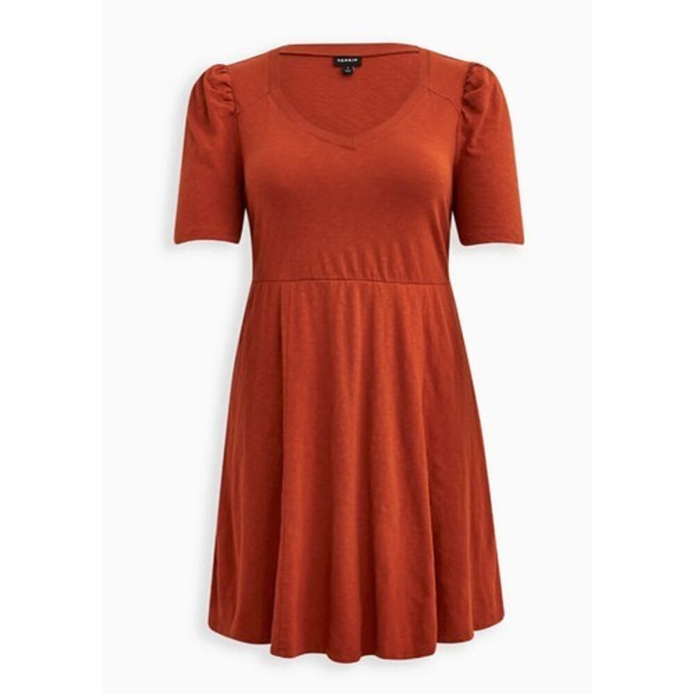 Torrid Size 0 Rust V-Neck Puff Sleeve Babydoll Dress NWT Plus